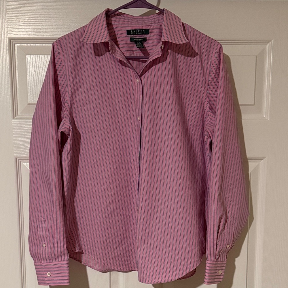 Lauren Ralph Lauren Striped Button Down Shirt in Pink and White